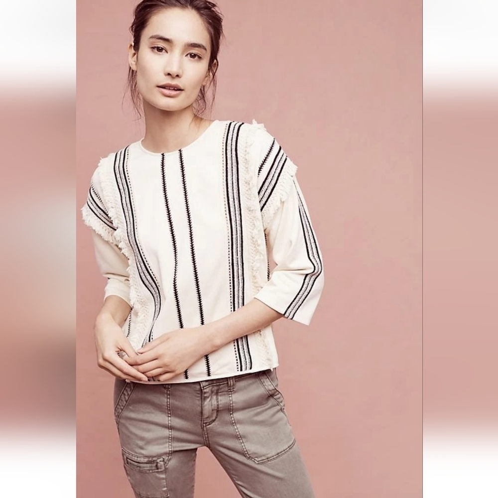 Anthropologie Eri + Ali Santillana Boxy Embroidered Fringe Cream Sweater Top XS